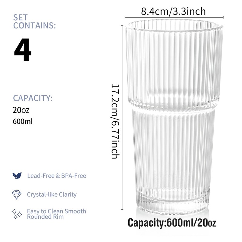 Sunidearly Ribbed Glass Tumbler Set of 4-20oz Textured Drinking Glasses