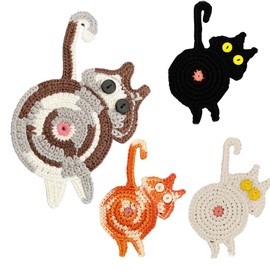 4Pcs Drink Coasters Cute Cat Design Coaster Funny Crochet Mug Coaster, Absorbent Hand Woven Drink Mat for Decoration, Lovers Gifts for Women Drink Cup Non-Slip Heat-Resistant (4Pcs)