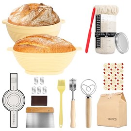 Sourdough Bread Proofing Basket Set, 9-inch Round Banneton Baskets with Dough Scraper, Scoring Lame, Brush, Bread Stencils