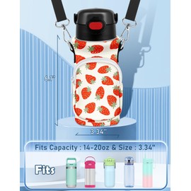 Miss Adola Water Bottle Carrier with Strap - Cute Cartoon Insulated Water Bottle Carrier Bag with Pocket Neoprene Bottle Holder Bag for 14/16/18/20 oz Stainless Glass Bottles Sleeve, White Strawberry