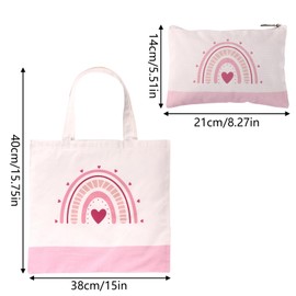 2pcs Canvas Bags Set, Pink Preppy Canvas Tote with Makeup Bag Coquette School Supplies Reusable Grocery Folding Shopping Bags for Women (Rainbow)