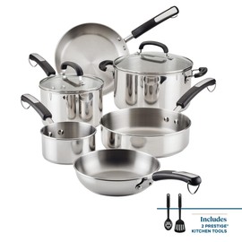 Farberware Brilliance Stainless Steel Cookware Pots and Pans Set with Kitchen Cooking Tools and Glass Lids, 10 Piece, Dishwasher Safe and Induction Ready, Stainless Steel