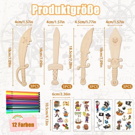 MOAZIFI Pirate Decoration Children's Birthday, Wooden Sword Children's Craft Set with 12 Wooden Swords and 12 Colouring Pencils, Pirate Children's Birthday DIY, Creative Toy for 3-10 Years