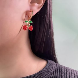 Strawberry Earrings for Women Unique Cherry Drop Dangle Earring Cute Gold Plated Hoop Fruit Earring Funny Red Enamel Summer Jewelry (Strawberry Earrings)