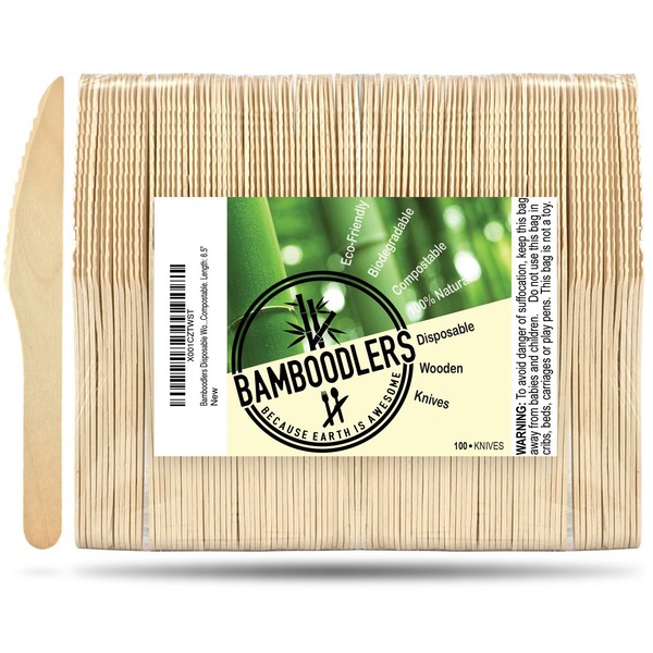 BAMBOODLERS Disposable Wooden Knives 100% All-Natural, Eco-Friendly, Biodegradable, and Compostable - Because Earth is Awesome! Pack of 100-6.5” knives.