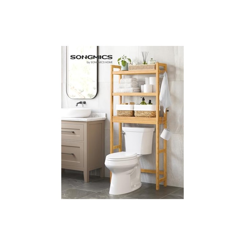 SONGMICS Estante para Baño sobre Inodoro, Ajustable, De Bambú, 3