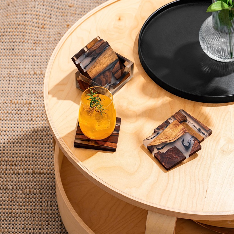 Avocrafts Walnut Coasters Set, Epoxy Coasters, Modern Coasters with Holder,