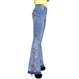 CHARTOU Womens Chic Floral Embroidered High-Rise Bell Bottom Flare Jeans Broad Feet Long Denim Pants (Blue, X-Small)