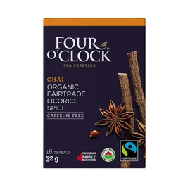 Four O'Clock Organic Fairtrade Chai Tea Licorice Spice, Non-Gmo, Kosher, Gluten-Free, 16 Count, 32g