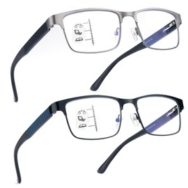 SKYOAK 2 Pack Refined Progressive Multifocus Reading Glasses Men Blue Light Blocking Readers Metal Frame Spring Hinge (Black+Gunmetal, 1.25)