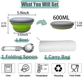 RMAMSCOV Camping Bowl, 1 PCS Food Grade Silicone Collapsible Bowl Lunch Box Salad Bowl with Lid, Expandable Food Storage Containers Set with Free folding tableware and storage bag (Green-600ml)