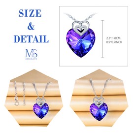 MICSAVI Heart Necklace with Crystal Made of Blue/Light Purple/Rose Red/Purple/Yellow, 925 Silver Women's Necklace Heart Stone Pendant, Crystal Necklace Heart Jewellery for Wife Girlfriend Mum, Crystal