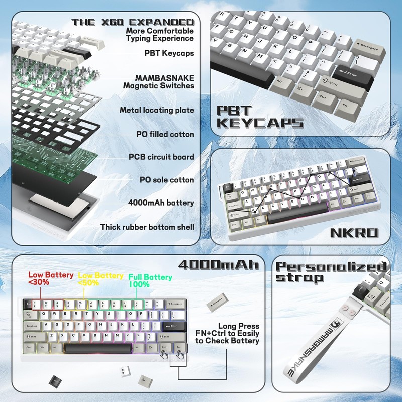 MAMBASNAKE X60 HE 60% Rapid Trigger Wireless Gaming Keyboard,Hall Effect