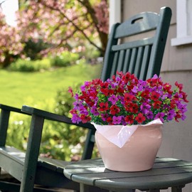 Artificial Faux Plants Flowers Outdoor Spring Summer Decoration, 12 Bundles Fake Silk Colorful Daisy Eucalyptus Realistic UV Resistant for Outside Home Planter Porch Patio Yard Decor (Red Purple)