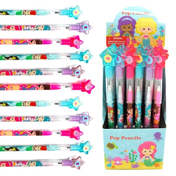TINYMILLS 24 Pcs Mermaids Multi Point Stackable Push Pencil Assortment with Eraser for Shark Birthday Party Favor Prize Carnival Goodie Bag Stuffers Classroom Rewards Pinata Fillers