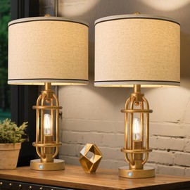 G-SAFAVA 23.75'' Table Lamps Set of 2 for Living Room Bedroom Industrial Farmhouse Metal Touch Lamps with USB A+C Ports, Night Light Vintage Nightstand Bedside Lamp, Bulbs Included, Antique Gold