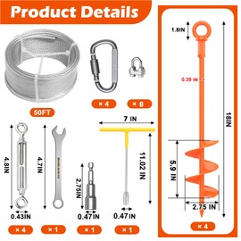 Camitlli 4 Pack 18" Fully Welded Ground Anchors Shed Anchor Kit with 1/8" Galvanized Cable, Heavy Duty Earth Anchors High Wind Screw in for Trampoline Swingset Tent Greenhouses (Orange)