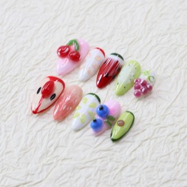 Handmade Press on Nails Medium Almond Nails Thick Fake Nails with Glue,Cute 3D Fruit Art False Nails with Designs Colourful Nails Reusable Nature Stick on Nail for Wome (Size M)