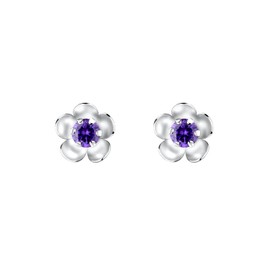 Frieda + Paul Flower Zirconia Amethyst Stone Ladies Women Girls Stud Earrings 925 Sterling Silver Tarnish-Resistant Jewellery Box, Silver, Amethyst