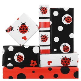 Red and Black Ladybug Theme Gift Wrapping Paper, Set 8 Sheets in 4 Designs Folded Flat 20x28 inches per sheet, Flower Heart Stripe Polka Dot Ladybird Pattern, for Lady Women Men Boys Girls
