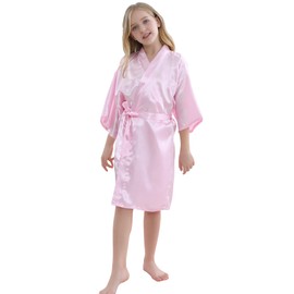 SEALINF Girls Silky Robe Kids Solid Color Kimono Sleeping Gown Bathrobe for Spa Birthday Parties Wedding Getting Ready (Pink, Tag 4)