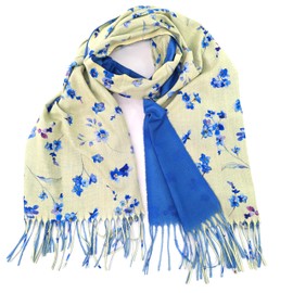 Ladies Large Floral Forget Me Not Printed Pashmina Style Yellow with Blue Flowers Tassel Edges Scarf Large Size Large, yellow
