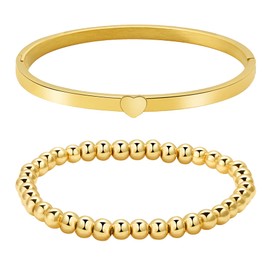 Aroncent Set of 2 Stainless Steel Bracelet Heart Zircon Pearl Bracelet Polished Bracelet Bangle Wrap Bracelet Gold, Stainless Steel