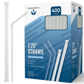 Clear Plastic Straws, Disposable - 400 Bendy Drinking Straws - 7.75" Individually Wrapped Straws - For Smoothies, Coffee, Alcohol, Juice, and More