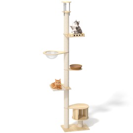 Solid Wood & Engineered Panel Floor to Ceiling Cat Tree, 5-Tier 112.2"-122" Adjustable Tall Cat Tree with House and 4.72in Natural Sisal Columns, Reinforced Base & Minimal Vibration Cat Tower