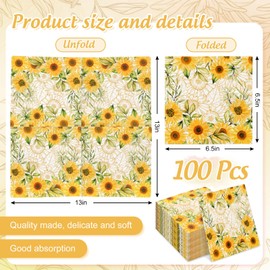 FYSUIMU 100Pcs Sunflower Napkins Watercolor Sunflower Disposable Napkins Yellow Floral Paper Luncheon Dinner Napkins for Spring Summer Party Table Supplies