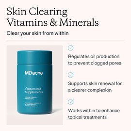 MDacne Vitamins and Minerals Skin Clearing Supplements - 30 Vegan Capsules - Supports Topical Acne Treatment & Promotes Clear, Calm Skin, Redness & Pore-Clogging 30 Count (Pack of 1)