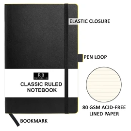 RICCO BELLO Classic Ruled Journal Notebook - Hardcover, Vegan Leather, Elastic Band Closure, Pen Loop, Bookmark, Inner Pocket, 192 Lined Pages, 5.7 x 8.4 inches (Black)