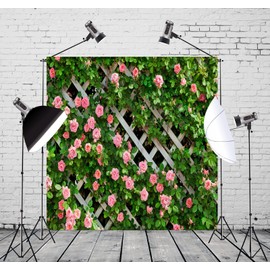 Loccor 6x6ft Fabric Flowers Backdrop Spring Floral Photo Backdrop Green Leaf Grass Fence Photography Background Birthday Party Decoration Wedding Bridal Valentine's Day Banner Photo Studio Props