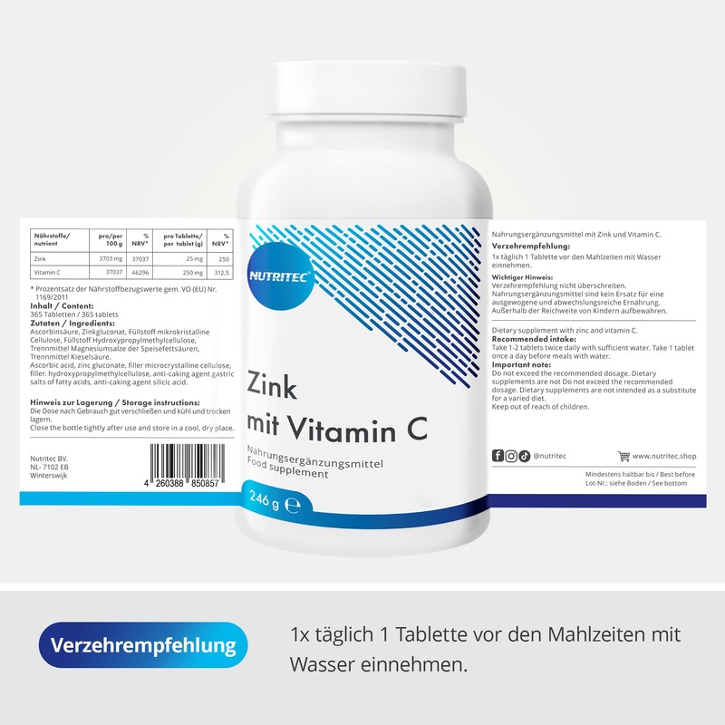 Nutritec Zinc with Vitamin C 365 Tablets, High Dose, Dietary