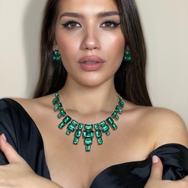 Ever Faith Green Statement Jewelry Set, Vintage Rhinestone Crystal Art Deco Costume Chunky Collar Necklace Stud Earrings Set