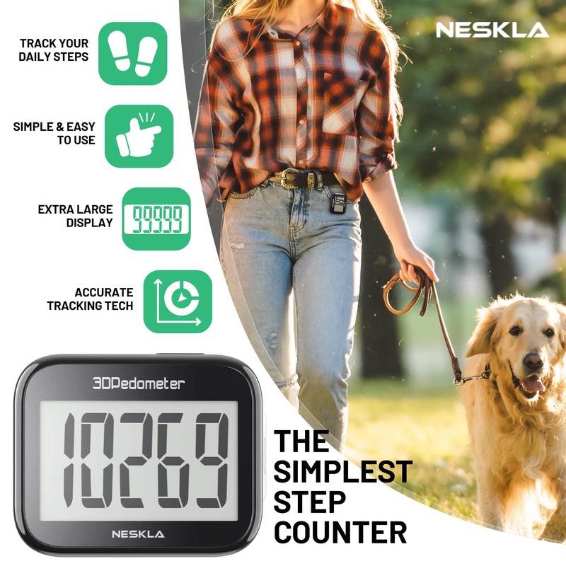 NESKLA 838 3D Pedometer for Walking, Simple Step Counter and