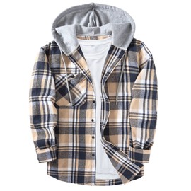 Mens Flannel Hoodie Shirts Long Sleeve Fashion Plaid Jackets Button Down Shirts with Pocket