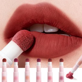 MooGlamor 6 Pcs Red Matte Lip Gloss Stick Set with Delicate Unique Sponge Lip Brush and Smooth Velvet Lipsticks for Women Lip and Blush