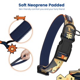 PawView Dog Collar and Leash Set with Smart ID Tag – Adjustable Soft Padded Heavy Duty Comfortable Collar and Leash Set with Cute Pop Art Doodle Design for Small Medium Large Dogs (Dark Blue, Small)