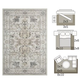 jinchan 3x5 Machine Washable Area Rugs for Entryway - Distressed Vintage Floral Ultra-Thin Low-Pile Soft Non-Shedding Indoor Floor Carpet for Kitchen Bedroom Entrance Laundry Living Room(3x5ft,Taupe)
