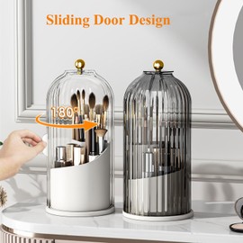 Winuoyang Makeup Brush Holder Organiser with Lid, 360° Rotating Brushes Container Acrylic Cosmetic Storage Box for Vanity Bedroom Bathroom Dressing Table (White)