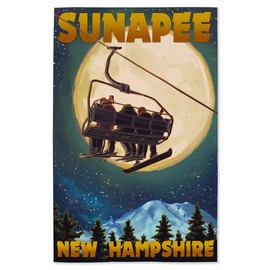 Lantern Press 16x24 Inch Giclee Print, Sunapee, New Hampshire, Ski Lift and Full Moon