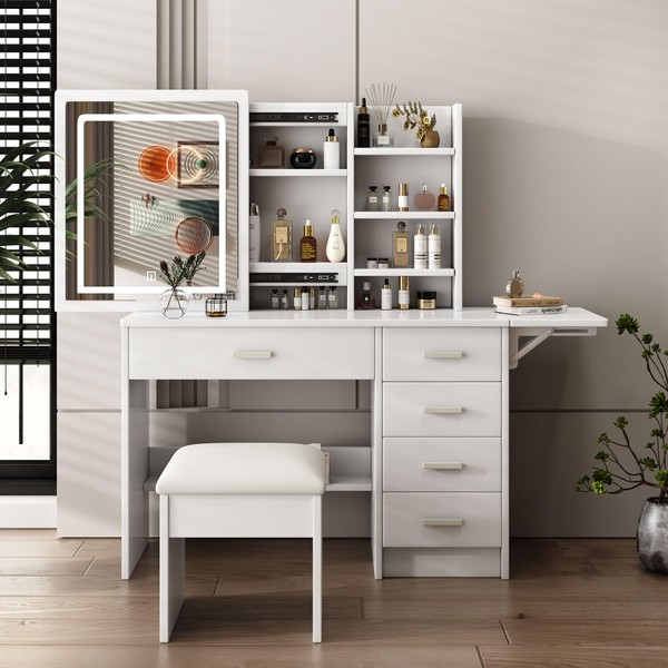 Runboll Vanity Desk with Mirror and Lights, White Makeup Vanity