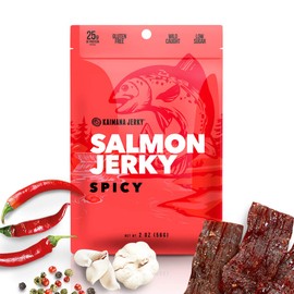 Kaimana Jerky Wild Caught Salmon Jerky - Organic Gourmet Dried Fish Strips Rich in Omega-3 & Protein - Low-Calorie Sweet Seafood Snack with No Gluten, Less Sodium & Sugar - Spicy Flavor - 2oz Pack