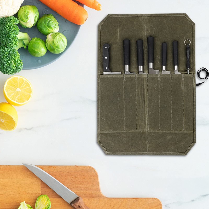 Knife Roll,Chef Knife Roll Bag,Waxed Canvas Knife Roll Case with