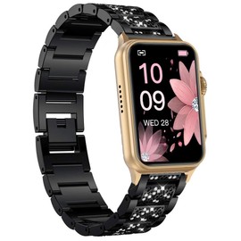 Compatible for FITVII Smart Watch Bands, 20mm, 22mm Women Jewelry Bling Diamond Metal Dressy Strap Adjustable Replacement Strap Compatible for FITVII HM57, HM78, HM68, HM21, H56, H86 Smart Watch Fitness Tracker (Black, 18mm size band)
