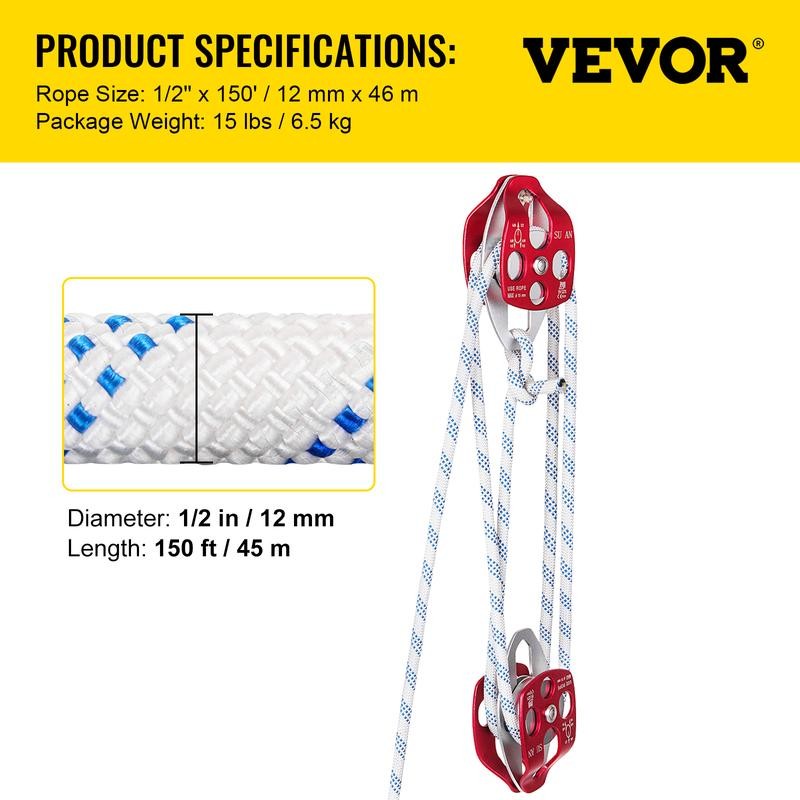 VEVOR Twin Sheave Block and Tackle 7700LBS Pulley 150Ft, 1/2Inch