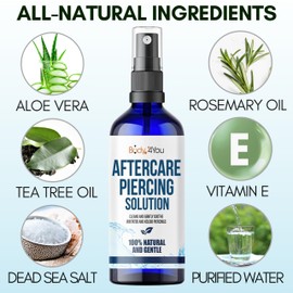 BodyJ4You Piercing Aftercare Spray - Saline Solution Natural Keloid Bump Removal - Ear Piercing Cleaner Nose Septum Belly Button Cartilage - Sea Salt Aloe Vera Rosemary - Fine Mist 2x2 Fl Oz