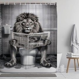 LKFBSC Funny Lion Shower Curtain, Fancy Humor Leo Animal on Toilet Shower Curtains Set, Black and White Funky Shower Curtains, Large Cat Man Grey Bathroom Curtain 72x72 inch