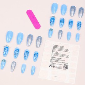 24Pcs Press on Nails Almond,Blue Rose False Nails with Designs Rhinestones, Almond Shaped Press on Nails, Fake Nails Medium Silver Glitter Artificial Nails For Women Girls